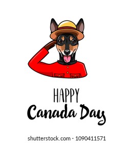 Russian Toy Terrier. Canadian flag. Canada day card. Royal Canadian Mounted Police. Dog portrait. National holiday. Vector illustration.