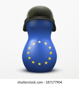 Russian tradition matrioshka dolls in military helmets and Europe Union flag color.Vector Illustration, eps10.