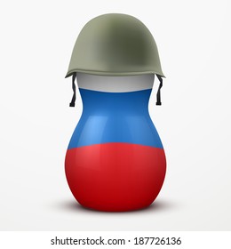 Russian tradition matrioshka dolls in military helmets and flag color.Vector Illustration, eps10.