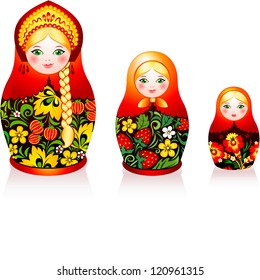 Russian tradition matryoshka dolls in hohloma style (a brand of Russian traditional ornaments used for painting on wooden things - spoons, dishes, etc.)