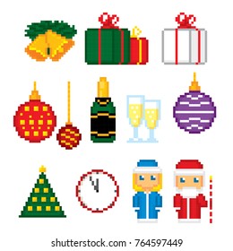 Russian traditiona new year icons set. Ded Moroz, Snegurochka, Father Frost and snow maiden. Pixel art. Old school computer graphic style. Games elements.