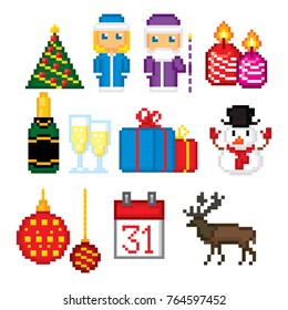 Russian traditiona new year icons set. Ded Moroz, Snegurochka, Father Frost and snow maiden. Pixel art. Old school computer graphic style. Games elements.