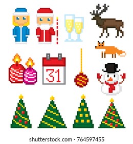 Russian traditiona new year icons set. Ded Moroz, Snegurochka, Father Frost and snow maiden. Pixel art. Old school computer graphic style. Games elements.