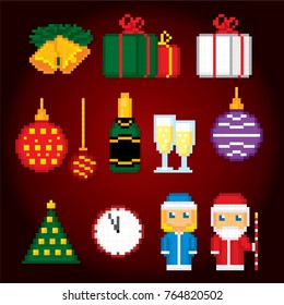 Russian traditiona new year icons set. Ded Moroz, Snegurochka, Father Frost and snow maiden. Pixel art. Old school computer graphic style. Games elements.