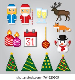 Russian traditiona new year icons set. Ded Moroz, Snegurochka, Father Frost and snow maiden. Pixel art. Old school computer graphic style. Games elements.