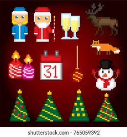 Russian traditiona new year icons set. Ded Moroz, Snegurochka, Father Frost and snow maiden. Pixel art. Old school computer graphic style. Games elements.