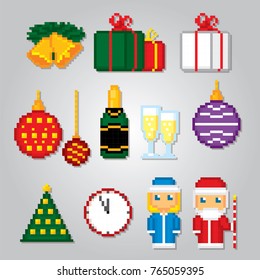 Russian traditiona new year icons set. Ded Moroz, Snegurochka, Father Frost and snow maiden. Pixel art. Old school computer graphic style. Games elements.