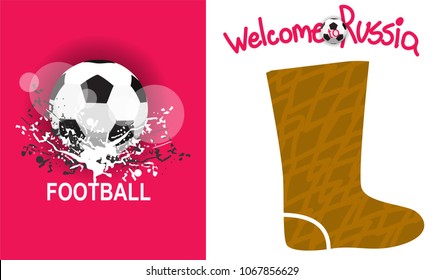 Russian traditional boots and soccer ballWelcome to Russia. Football player inRussian style vector.