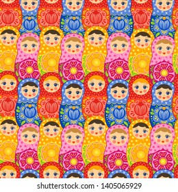 Russian traditional craft doll seamless pattern. Babushka ethnic wooden souvenir. Matryoshka nestling doll print. Bright colorful design. Vivid colors. Smiling face girl. Surface, wallpaper, paper.