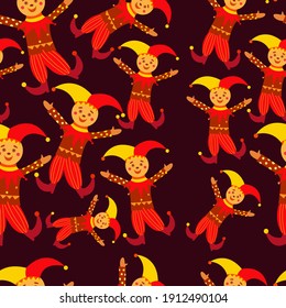 Russian traditional jester seamless pattern. Russian buffoon on Maslenitsa. Skomoroh in bright clothes. Russian inscription Maslenitsa. Vector cartoon illustration on dark background