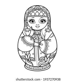 Russian traditional nest doll Matrioshka in a smart kokoshnik outline for coloring on a white background