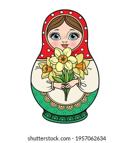 Russian traditional nest doll Matrioshka with a bouquet of daffodils in hand color variation for coloring page isolated on white background