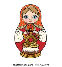 Russian traditional nest doll Matrioshka with earthenware jug for kvass and pies color variation for coloring page isolated on white background