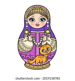 Russian traditional nest doll Matrioshka in a kokoshnik with cat and beads pink and purple color variation for coloring page isolated on white background
