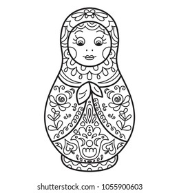 Russian traditional nested doll (matryoshka). Black and White Illustration. Template for style design.  