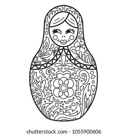 Russian traditional nested doll (matryoshka). Black and White Illustration. Template for style design.  