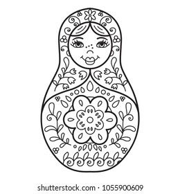 Russian traditional nested doll (matryoshka). Black and White Illustration. Template for style design.  