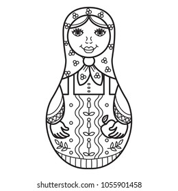 Russian traditional nested doll (matryoshka). Black and White Illustration. Template for style design.  