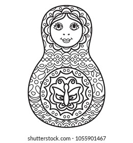 Russian traditional nested doll (matryoshka). Black and White Illustration. Template for style design.  