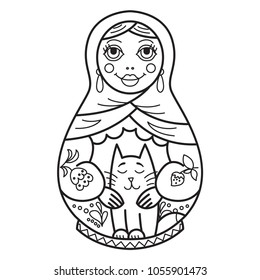 Russian traditional nested doll (matryoshka). Black and White Illustration. Template for style design.  