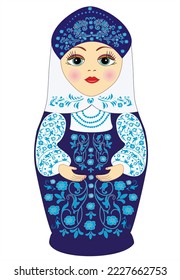 Muñecas rusas tradicionales de anidación con un patrón pintado de azul y blanco. Hermosa y alegre matryoshka elegante. Ilustración vectorial de recuerdo. Regalo. Cartel. Hermosa y alegre muñeca elegante. 
