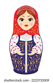 Muñecas rusas tradicionales de anidación en vector con dibujo coloreado. Hermosa y alegre Matryoshka elegante.  Ilustración vectorial de recuerdo. Regalo. Cartel. Publicidad