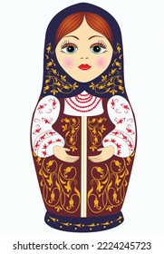 Muñecas rusas tradicionales de anidación en vector con dibujo coloreado. Hermosa y alegre Matryoshka elegante.  Ilustración vectorial de recuerdo. Regalo. Cartel. 