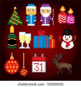 Russian traditional new year icons set. Ded Moroz, Snegurochka, Father Frost and snow maiden. Pixel art. Old school computer graphic style. Games elements.