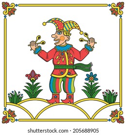 Russian traditional popular print style jester (skomorokh). Vector illustration, easy editable.