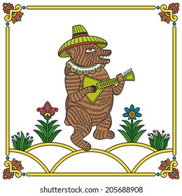 Russian traditional popular print style bear with balalaika. Vector illustration, easy editable.