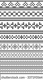 Russian traditional seamless patterns. The cross-stitch. Set of borders and frames. Black color. Vector illustration.