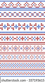 Russian traditional seamless patterns. The cross-stitch. Set of borders and frames. Red and blue colors. Vector illustration.