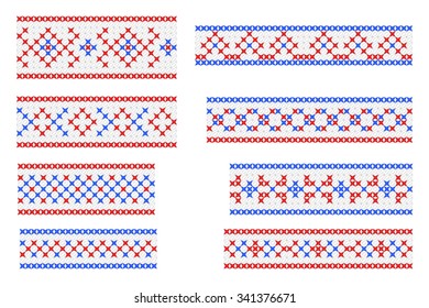 Russian traditional seamless patterns. The cross-stitch. Set of borders and frames. Red and blue colors. Vector illustration.