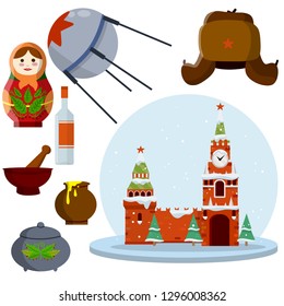 Russian traditional set. Winter Moscow Kremlin on red square, matryoshka, a bottle of vodka, a hat with a star, space satellite, national food. symbol of the USSR. Cartoon flat illustration