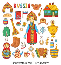 Russian traditional symbols doodle colrful icons with matreshka, samovar, balalaika, ushanka and russian girl vector set