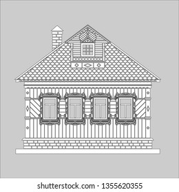 Russian traditional two-story wooden house. The windows and details are decorated with carvings. Vector illustration. Black and white silhouette.