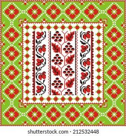 Russian traditional vector-ornaments cross stitch and design paper and premises with red-green frame
