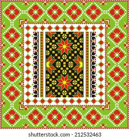 Russian traditional vector-ornaments cross stitch and design paper and premises with red-green frame