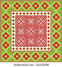 Russian traditional vector-ornaments cross stitch and design paper and premises with red-green frame