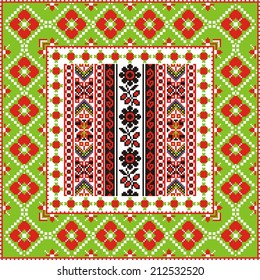 Russian traditional vector-ornaments cross stitch and design paper and premises with red-green frame
