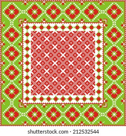 Russian traditional vector-ornaments cross stitch and design paper and premises with red-green frame