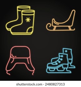 Russian traditional winter symbols neon icon set. Cold weather clothes, ice skate and sleigh icons. Vector illustration.