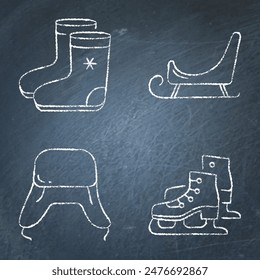 Russian traditional winter symbols on chalkboard. Cold weather clothes, ice skate and sleigh icons. Vector illustration.