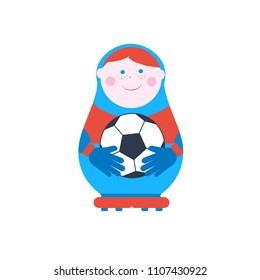 Russian traditional wooden doll goalkeeper with soccer ball in hands. Football event vector illustration