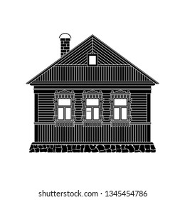 Russian traditional wooden house. The windows are decorated with wooden carved frames. Vector illustration.Black  silhouette.