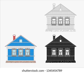 Russian traditional wooden house. The windows are decorated with wooden carved frames. Vector illustration.Black, black and white ,  color silhouette.