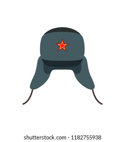 Russian traditional woolen hat. Warm clothing in cold winter season. Headwear with red star symbolizing communist, icon party vector illustration