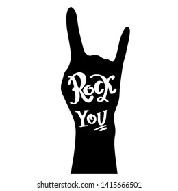 Russian translation: Rock You. Black and white poster with rock hand.