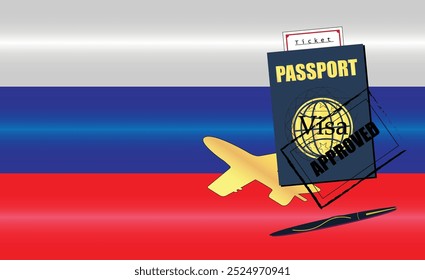 Russian Travel Documentation Concept with blue Passport and Russia Flag. Approved Stamp. Airplane and Travel Tickets. Ideal for Immigration Tourism and Traveling Themes. Vector EPS available