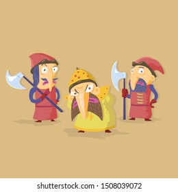 Russian tsar and archers. Friendly Middle Ages. Cartoon vector illustration